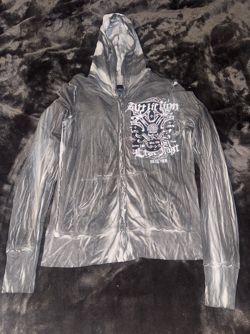 Affliction Small Full Zip Hoodie Gray Skull Graphic Zip-Up Sweatshirt